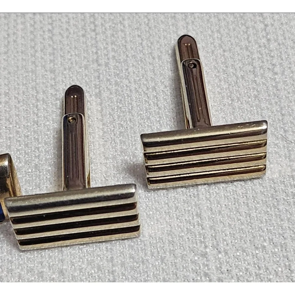 SWANK Vintage Rectangle Cufflinks‎ Gold Tone Navy Blue Stripe Detail Formalwear